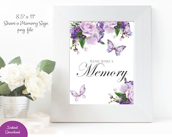 Funeral Signs - Share a Memory - Memorial Signs - Wedding Signs - Purple Peony & Butterflies