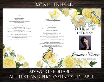 DIY druckbare 8,5 x 14 Tri-Fold Beerdigung Programm | Erinnerungs-Programm | Bearbeitbarer Text | Gelbe Rosen und Schmetterlinge