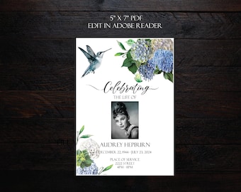 Blue Hydrangea Hummingbird Funeral Announcement | Celebration of Life Invitation (5x7 PDF)