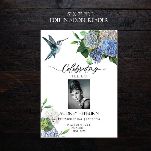 PDF Blue Hydrangea Hummingbird Funeral Announcement | Celebration of life | Memorial Invitation | Mourning Invitation Cards