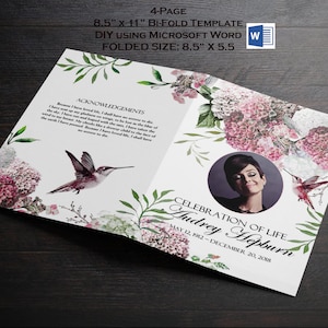 Colibríes de hortensias rosas / Programa conmemorativo imprimible / Plantilla de programa funerario imprimible / Celebración de la vida