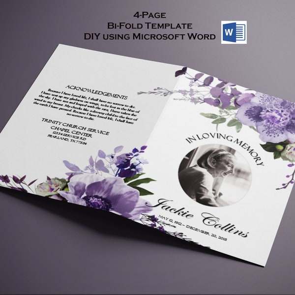 DIY Funeral Program Template | Memorial Program | Editable MS Word | Purple Lavender Flowers Anemones