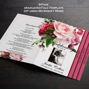 Puede incluir: Una plantilla de programa de funeral de 8 páginas con un diseño floral rosa. La plantilla incluye secciones para "Recuerdos cariñosos", "Necrológica", "Orden del servicio" y "Celebrando la vida de".