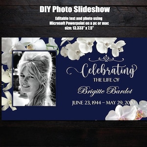 Pode incluir: Um fundo azul marinho com orquídeas brancas e uma foto em preto e branco de Brigitte Bardot. O texto "Celebrating the Life of Brigitte Bardot" está em uma fonte de escrita cursiva prateada. As datas "June 23, 1944 - May 29, 2020" estão abaixo do nome.