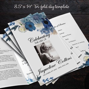 DIY Printable 8.5x14 Tri-Fold Program | Memorial Program | Editable Text | Blue Flowers