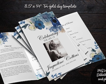 DIY Printable 8.5x14 Tri-Fold Funeral Program | Memorial Program | Editable Text | Blue Flowers