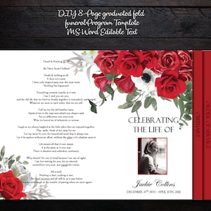 Funeral Program Template 8 pages 8.5 x 11 Graduated Fold Funeral Program Memorial Program Template Red Roses image 2
