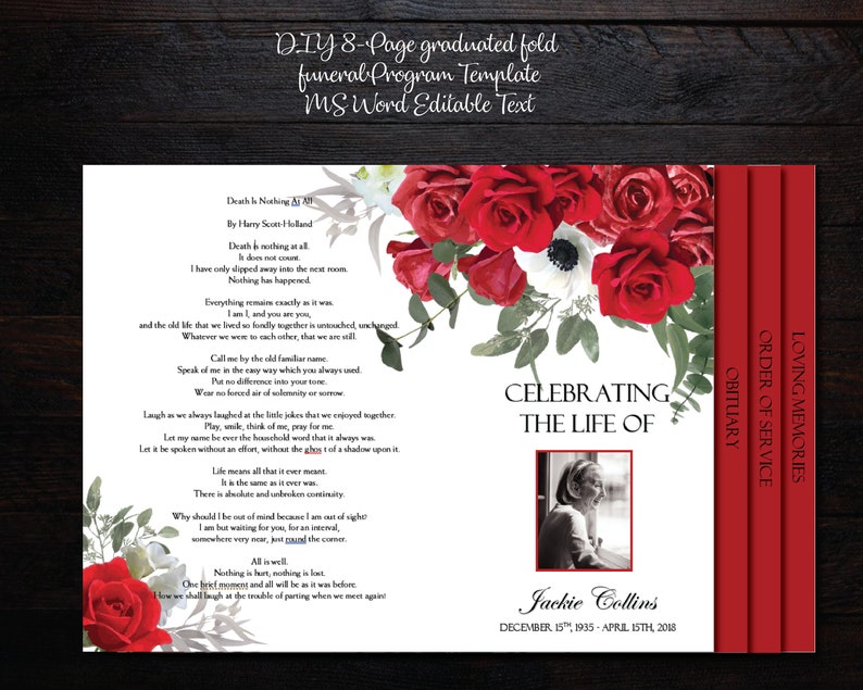 Funeral Program Template 8 pages 8.5 x 11 Graduated Fold Funeral Program Memorial Program Template Red Roses image 2