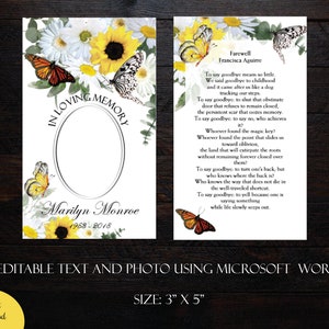 DIY afdrukbare begrafenisgebedskaart 3 x 5 | Herdenkingsgebedskaart| Bewerkbare tekst MS Word | Margrieten Zonnebloemen Vlinder Gebedskaart