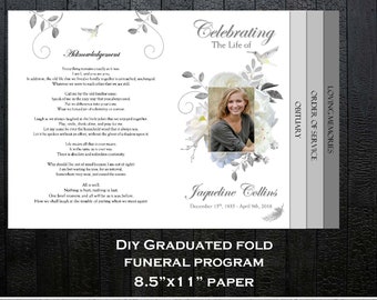 Funeral Program Template 8 pages | Graduated Fold Funeral Program | Memorial Program Template | White Grey Floral Hummingbird