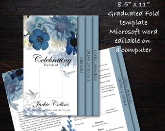 Funeral Program Template 8 pages | Graduated Fold Funeral Program | Memorial Program Template | Blue Floral Flowers Hummingbirds