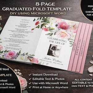 Funeral Program Template 8 pages | Graduated Fold Wake  | Memorial  | Pink Roses