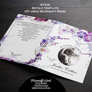 Könnte beinhalten: Eine 4-seitige Faltvorlage für ein Trauerprogramm mit einem floralen Design mit violetten Orchideen und Kolibris. Die Vorlage ist für die Verwendung mit Microsoft Word konzipiert und enthält editierbaren Text und Fotos. Der Text auf der Vorderseite lautet "In liebevoller Erinnerung" und "Jackie Collins, 2. Mai 1962 - 20. Dezember 2018".