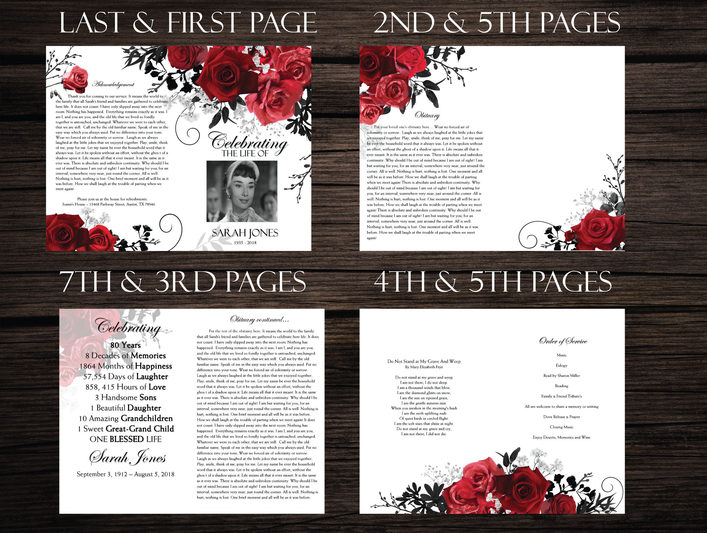 Red Roses Funeral Program Template: 8-page Bi-fold (MS Word Editable ...