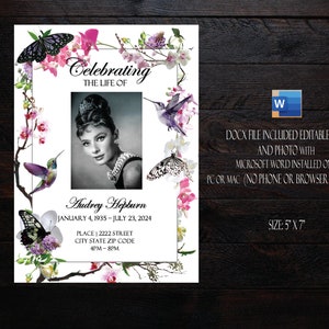 Faire-part funéraire papillon orchidée rose et colibris | Invitation commémorative | Cartes d'invitation de deuil | Modèle modifiable