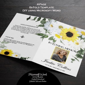 Puede incluir: Una plantilla de programa de funeral o servicio conmemorativo de 4 páginas, doblada en dos. La plantilla presenta un diseño floral con girasoles y margaritas en tonos amarillos y blancos. El texto "En memoria cariñosa" está impreso en negro en la parte superior de la página, y el nombre "Jackie Collins" está impreso debajo. Las fechas "12 de mayo de 1982 - 20 de diciembre de 2020" están impresas debajo del nombre. La plantilla está diseñada para ser utilizada con Microsoft Word e incluye texto y fotos editables.