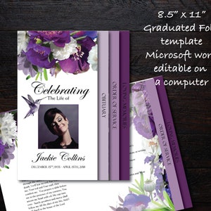 Elegant Funeral Program Template | Graduated Fold Funeral Program | Memorial Program Template | Violet Purple Peony Hummingbird