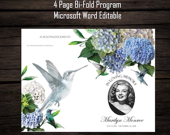 Blue Hydrangeas Hummingbirds | Printable Memorial Program | Printable Funeral Program Template | Celebration of Life | Forget Me Not |