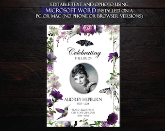 Purple Peony Orchids Blossoms Butterfly Hummingbird  Funeral Announcement | Celebration of life | Memorial Invitation | Mourning