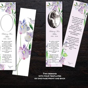 May include: Four memorial bookmark designs with watercolor floral and hummingbird accents. Two designs feature a photo frame, while the others have floral art. Text includes a name, dates, and a poem.