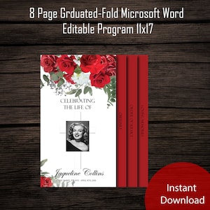 17&quot; x 11&quot; Funeral Program Template | Ledger Size 8 Page Graduated Fold Funeral Program | Memorial  Template | Red Roses