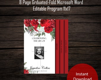Red Roses Funeral Program Template: 8-Page Graduated Fold (DOCX Digital Download for Microsoft Word)
