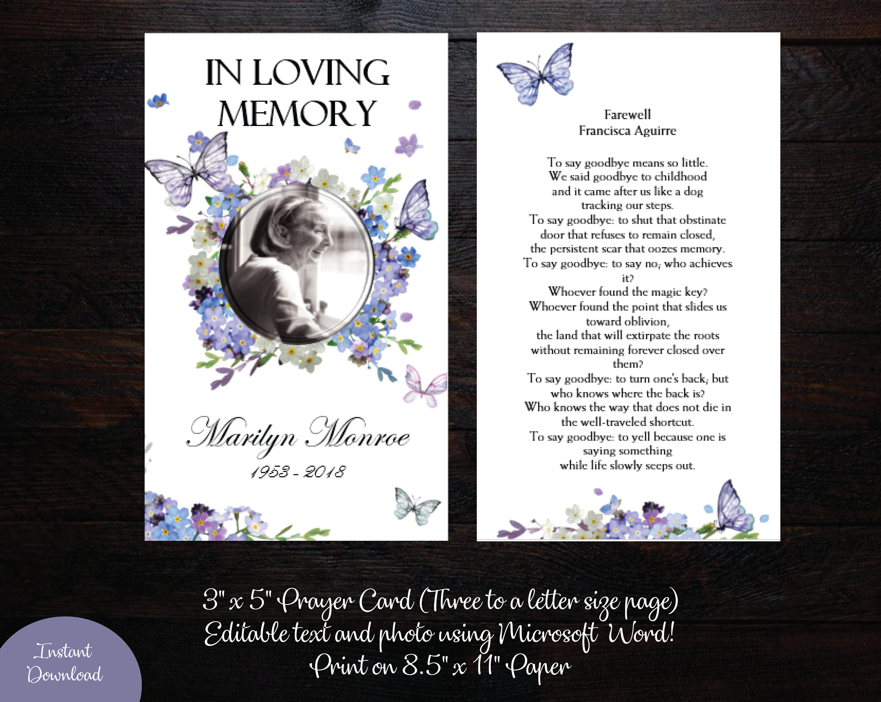 Printable Funeral Prayer Card 3 x 5 Memorial Prayer Card Etsy