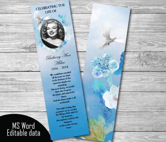 floral dove blue funeral bookmark template printable bookmark etsy ireland
