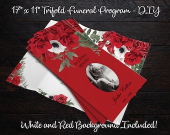 Programme commémoratif imprimable 17 x 11 volets en trois | Modèle imprimable de programme de funérailles | Programme commémoratif | Souvenir | Modifiable | Roses rouges