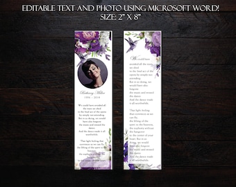 Violet Purple Peony Hummingbird | Funeral Bookmark Template | Memorial Bookmark | Keepsake | Printable Bookmark Template | Microsoft Word