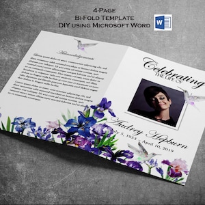 Printable Memorial Program | Printable Funeral Program Template | Memorial Program | Editable | Purple Iris Flowers & Hummingbird
