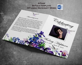 Printable Memorial Program | Printable Funeral Program Template | Memorial Program | Editable | Purple Iris Flowers & Hummingbird