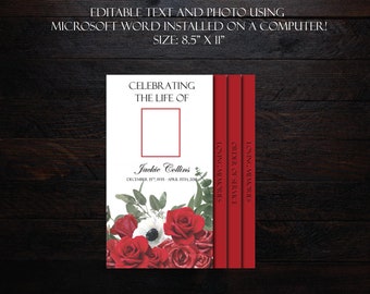 Funeral Program Template 8 pages 8.5” x 11” | Graduated Fold Funeral Program | Memorial Program Template | Red Roses