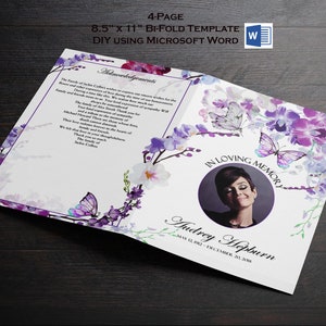 Puede incluir: Una plantilla bifold de cuatro páginas, de 8,5 por 11 pulgadas, para un programa de funeral. La plantilla presenta un diseño de acuarela con flores moradas y mariposas. El texto "In Loving Memory" está impreso en un círculo con una foto de Audrey Hepburn. El texto "Audrey Hepburn" está impreso debajo de la foto con las fechas "May 4, 1929 - December 24, 2016".