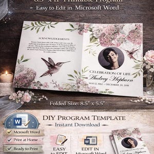 Modèle de programme de funérailles colibris hortensias roses (MS Word) Téléchargement immédiat