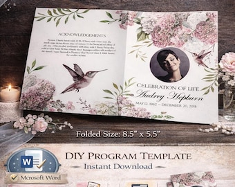 Rosa Hortensien Kolibris Beerdigung Programm Vorlage (MS Word) Sofortdownload