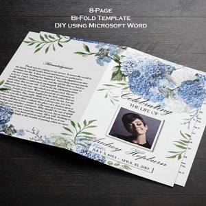 Blue Hydrangeas Funeral Program Template: 8-Page Bi-Fold (DOCX)