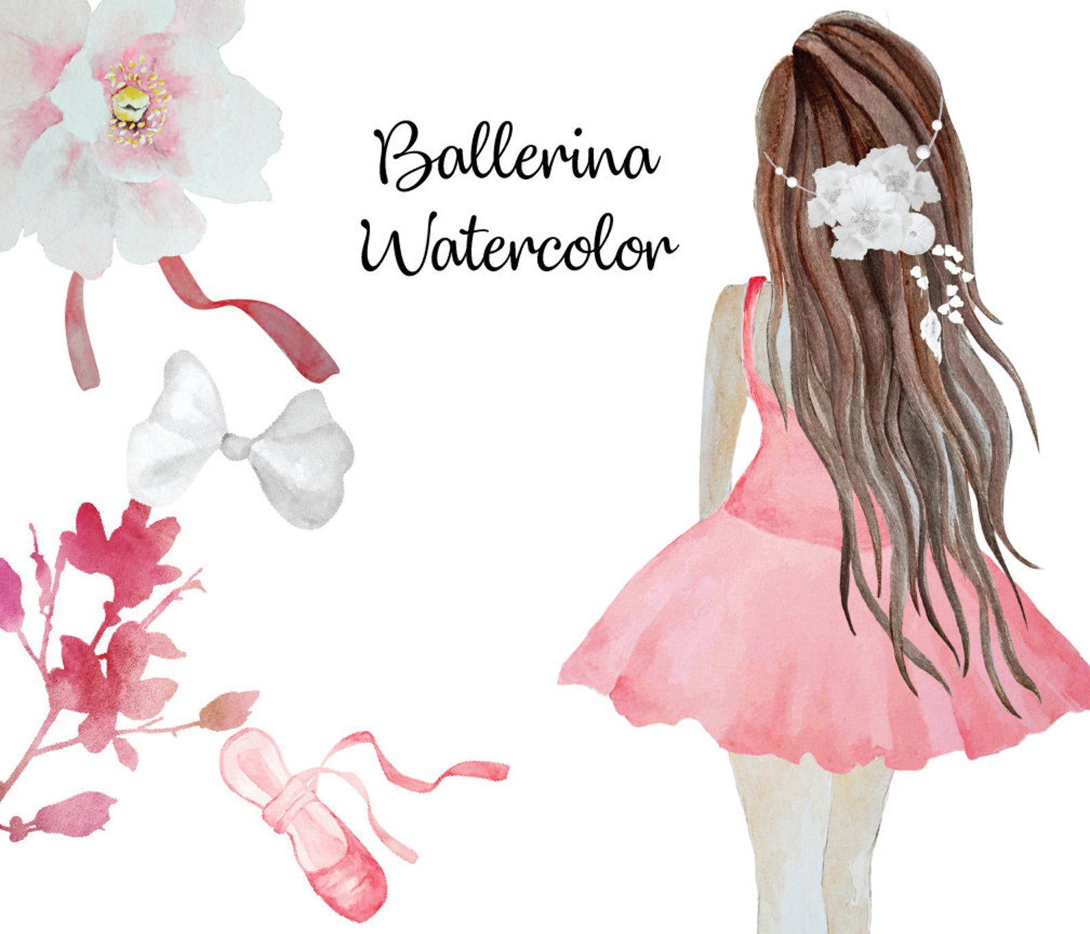 watercolor ballerina clip art, coral ballerina, tutu, ballet shoes, bow ballerina ribbons printable