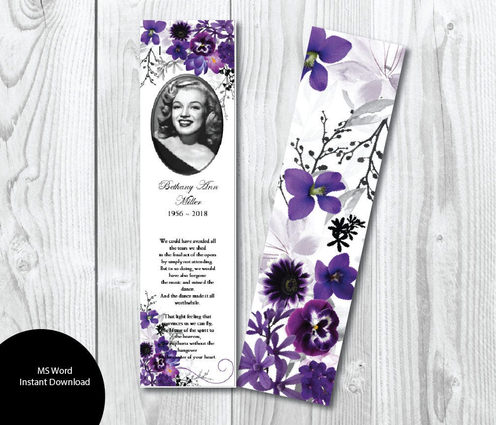 diy violet floral flowers funeral bookmark template memorial etsy ireland