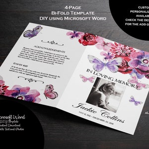 DIY Printable Memorial Program | Magenta, Violet Flowers & Butterflies Printable Funeral Program Template | Memorial Program |  MS Word