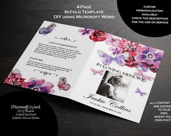 DIY Printable Memorial Program | Magenta, Violet Flowers & Butterflies Printable Funeral Program Template | Memorial Program |  MS Word