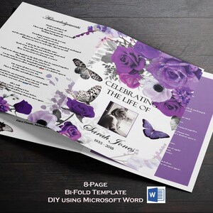 Violet Roses Funeral Program Template: 8-Page Bi-Fold (Microsoft Word)