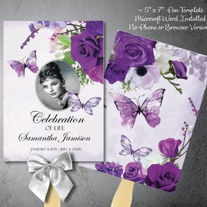 Printable Funeral Fan Template, Purple Roses Butterflies Funeral Fan Program, Memorial Fans, Editable text, 5x7, Keepsakes