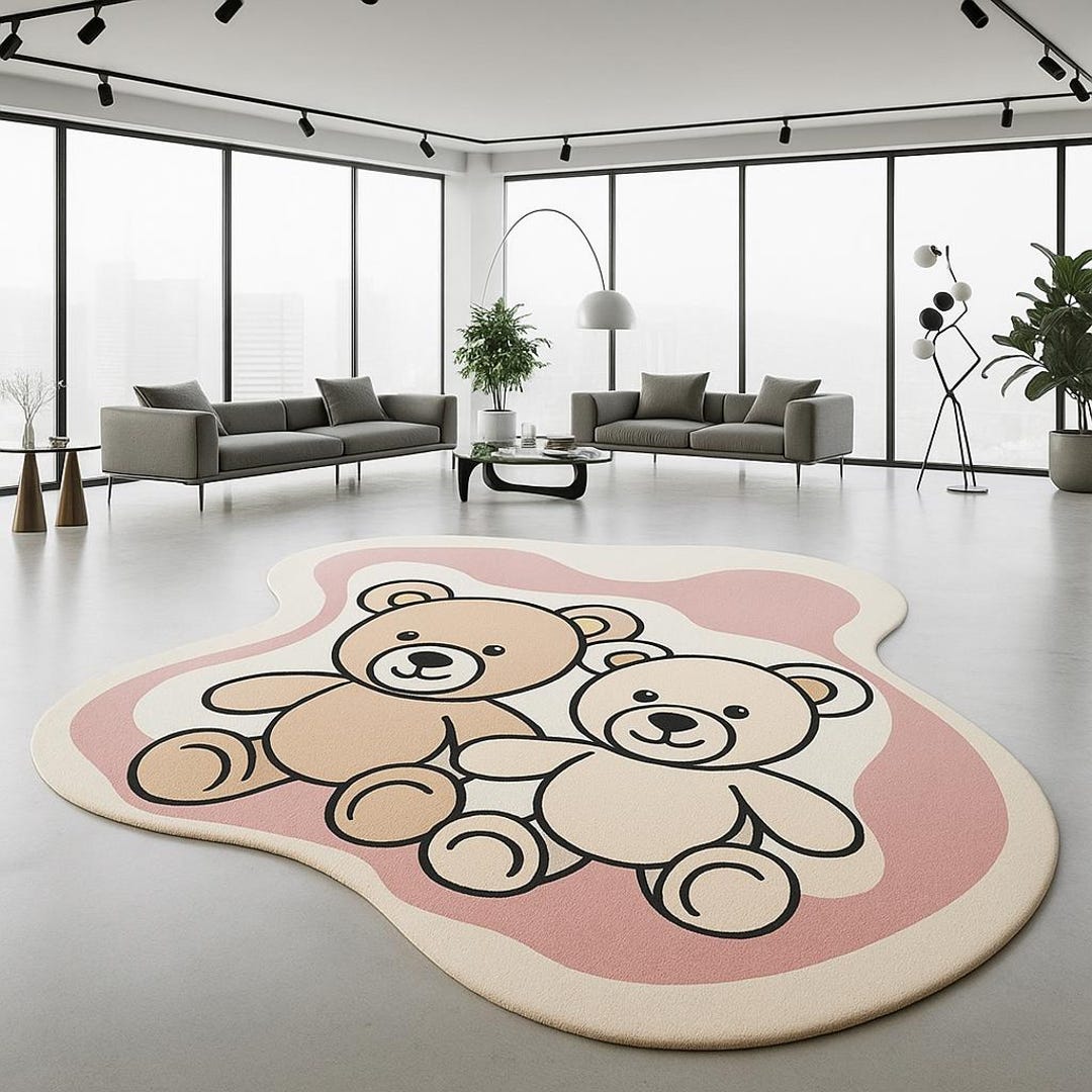 Whimsical Teddy Bear Rug: Cozy Wool Carpet for Kids in Pink & Beige - Etsy