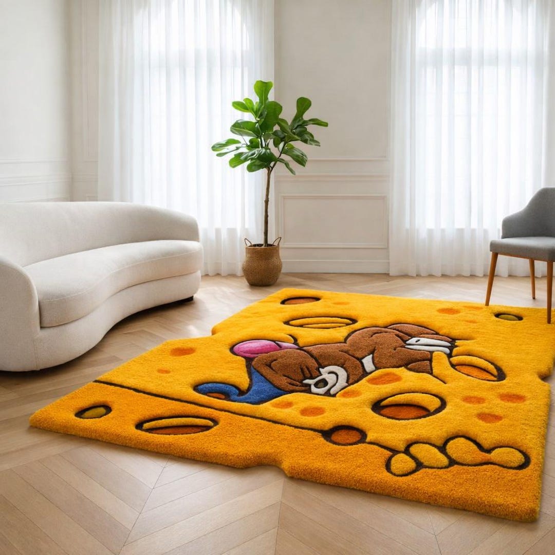 Mouse Pelt Rug Cute Cartoon Mouse Cheese Area Rug Yellow Hand Tufted Kids Nursery ...