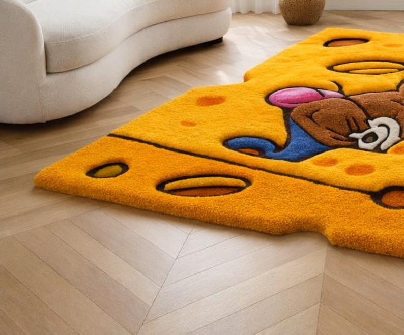 Mouse Pelt Rug Cute Cartoon Mouse Cheese Area Rug Yellow Hand Tufted Kids Nursery ...
