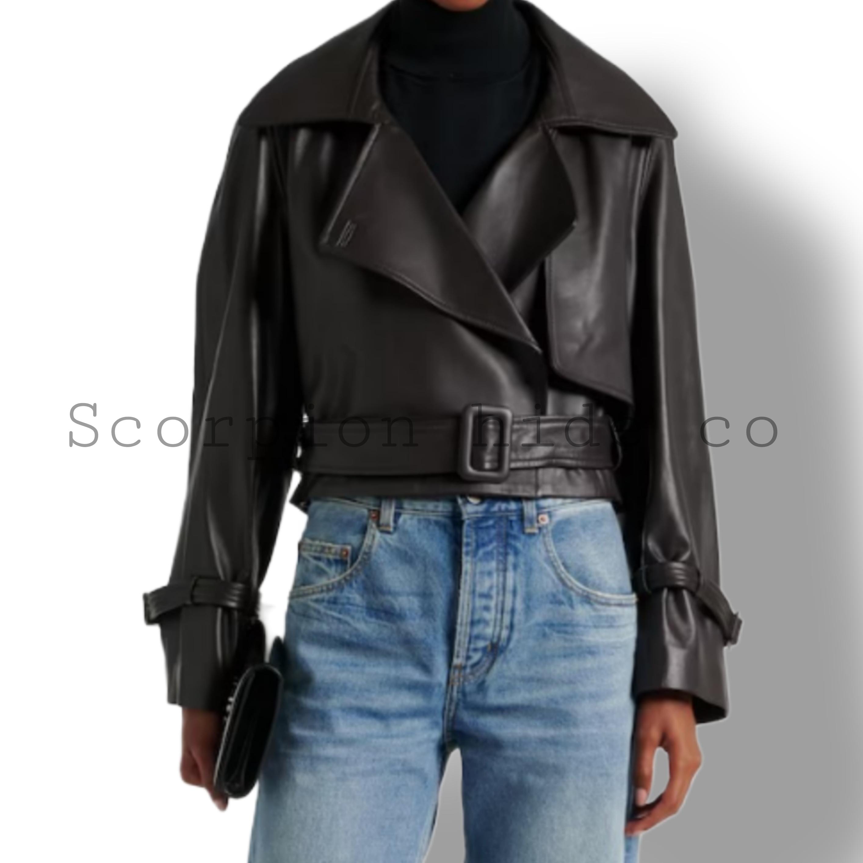 ブラックラムスキン クロップド バイカージャケット – レディース