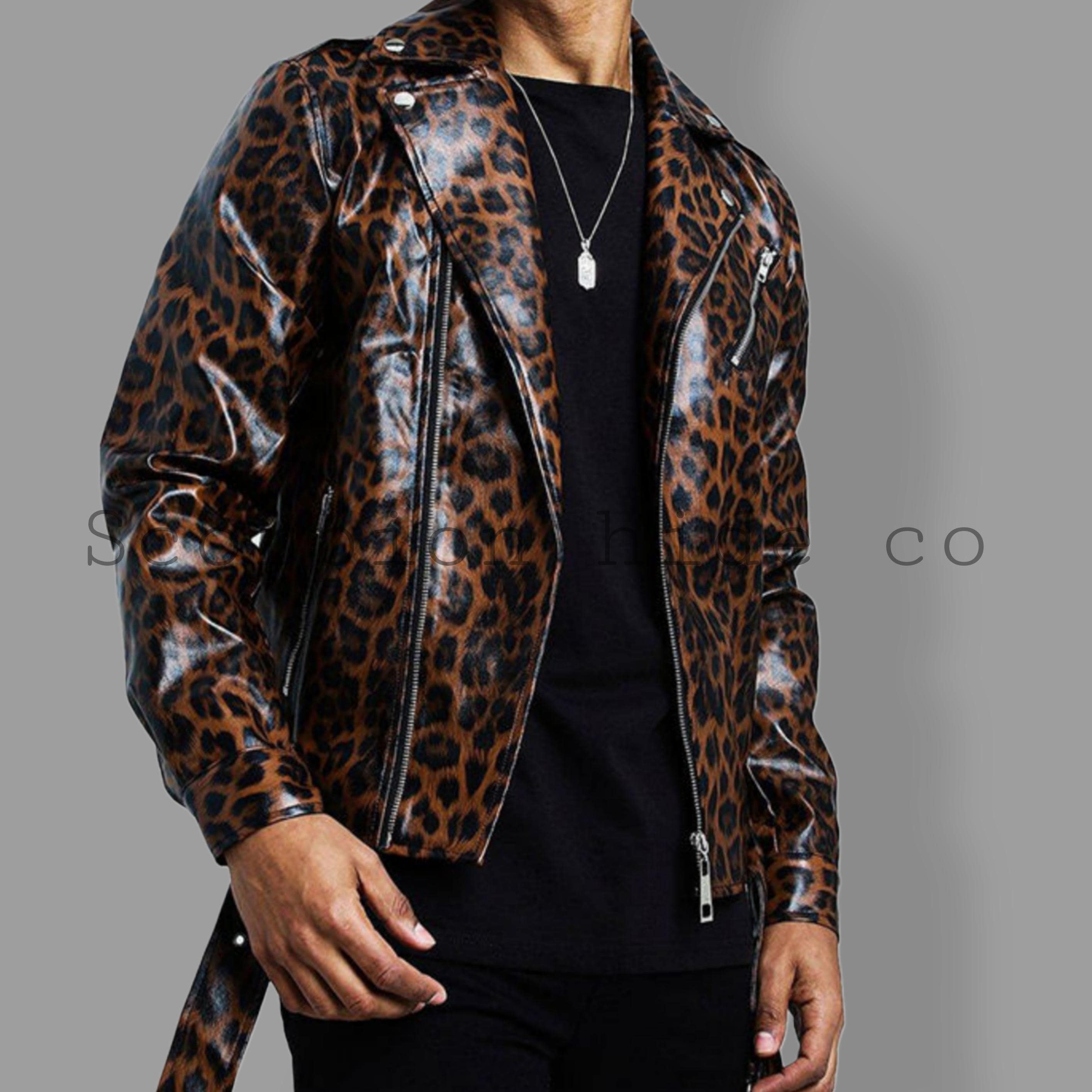 ブラウンブラックのヒョウ柄レザーバイカージャケット