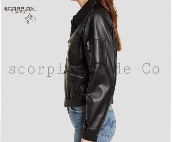 Black Leather Bomber Jacket Women's –lambskin Coat Utility Cargo