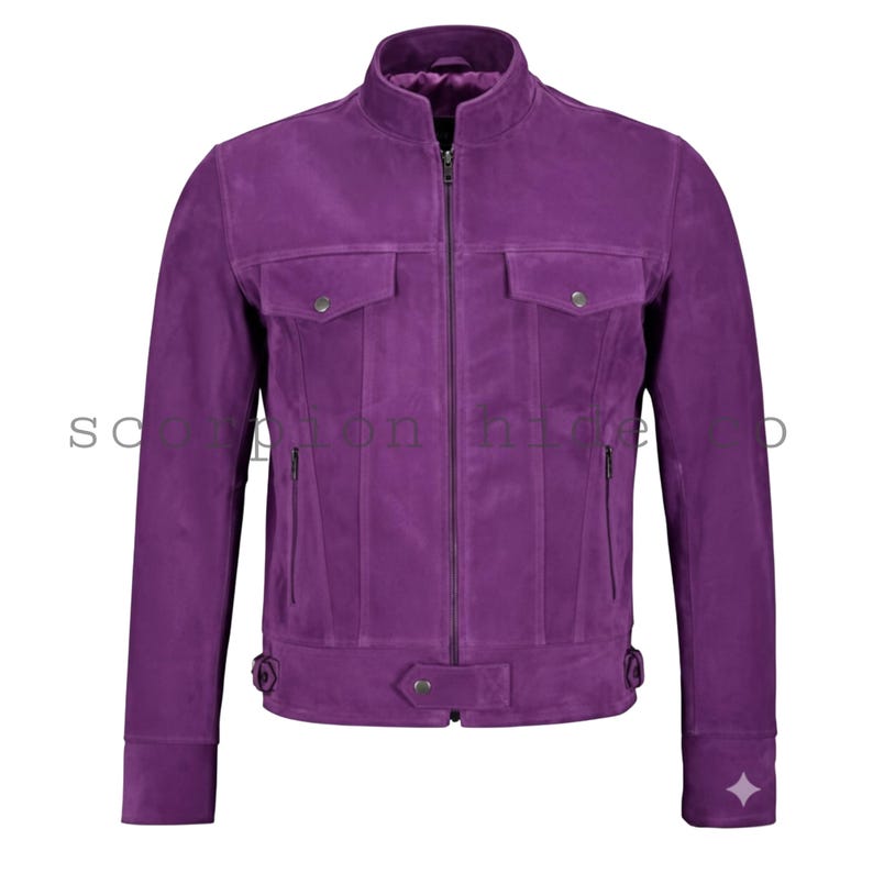 Men's purple clothing - Men’s Purple Suede Leather Trucker Jacket – Classic Soft Biker Style Handmade Coat